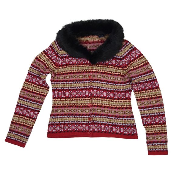 Vintage Harolds Nordic Cardigan Sweater Womens Size S Faux Fur Attached Collar - Picture 13 of 14